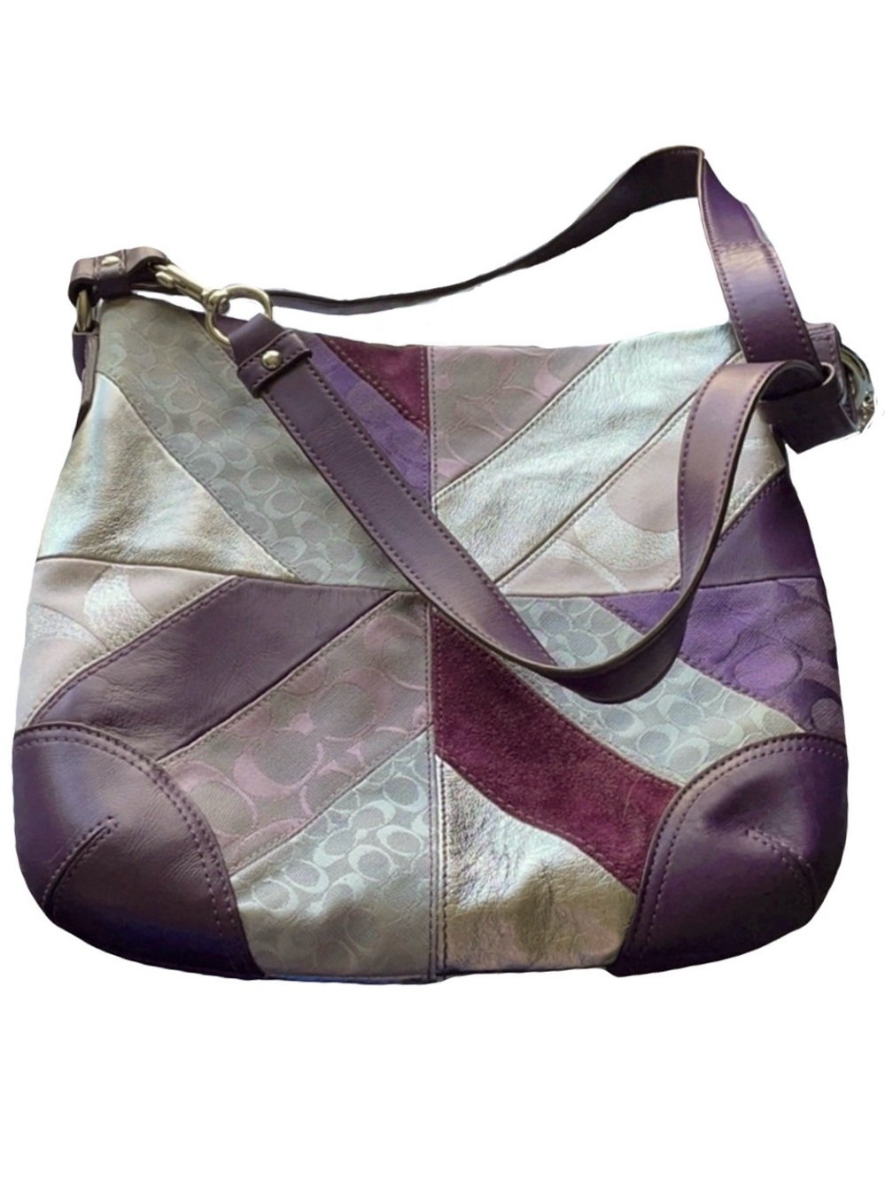 ๐ด Coach Vtg F17706 Gallery Signature Patchwork Purple Leather Suede Shoulder Bag - Picture 5 of 17